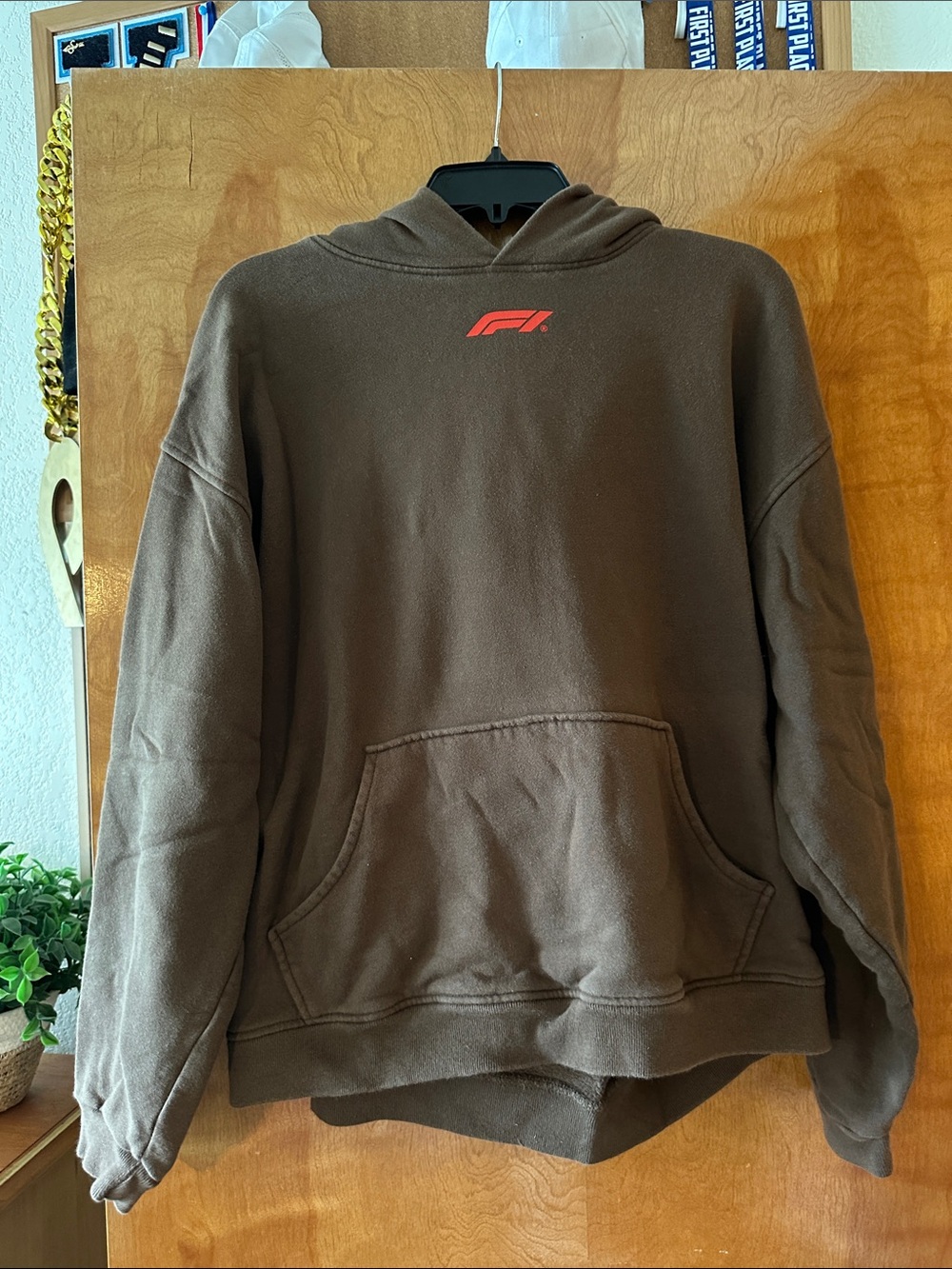 Men's Brown Pullover Hoodie with Small Red Logo
